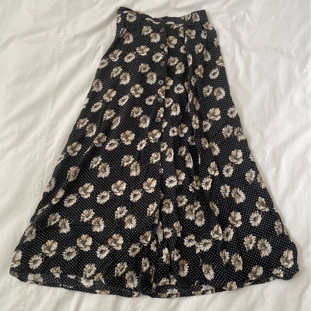 Maurices Floral Button Midi Skirt on Dark Polka Dot Background